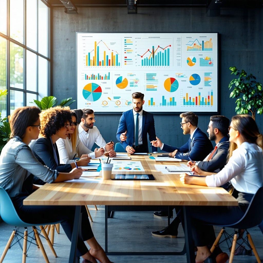 The image depicts a modern conference room filled with professionals engaged in a strategic meeting A large screen displays a colorful infographic of a banks balance sheet highlighting assets and liabilities with clear labels and arrows illustrating-1