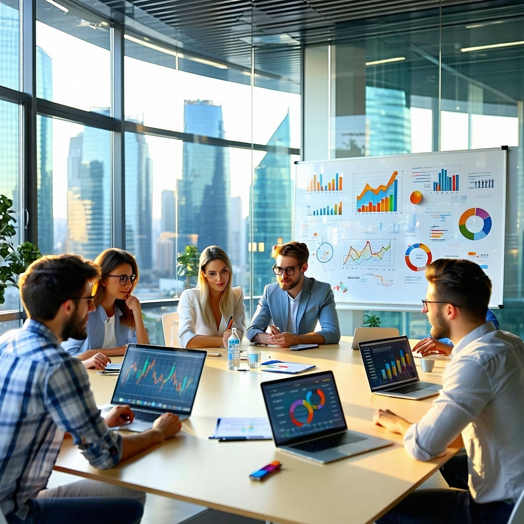 The image features a modern office environment with a sleek glasswalled conference room Inside a diverse group of professionals is engaged in a strategic discussion around a large oval table Laptops and digital devices are open displaying graphs and