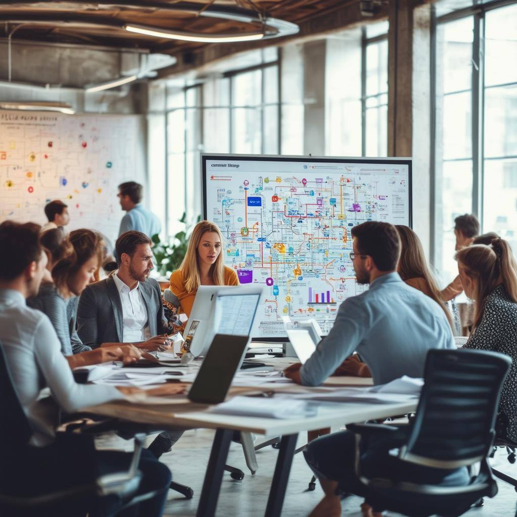 A group of people working at a conference room desk.